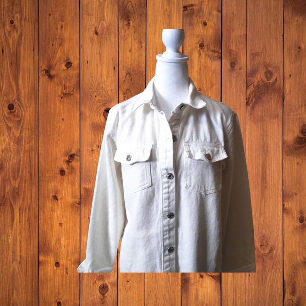 Shein Women's XS Off White Button Front Collared Heavy Jean Shirt Raw Hem Pocket - Picture 2 of 6